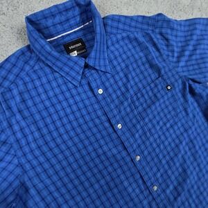 Marmot Shirt Mens Size Large Blue Plaid Button Front Short Sleeve Pocket Outdoor